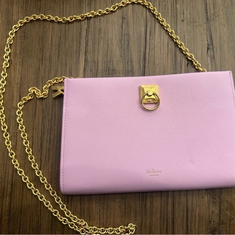 Mulberry Pink Leather Crossbody / Clutch with Gold Chain (card slots inside)